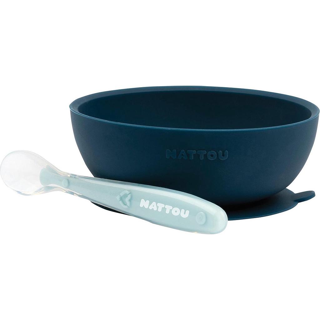 NATTOU COFFRET REPAS 2 PIÈCES EN SILICONE AVEC VENTOUSE BOL BLEU MARINE