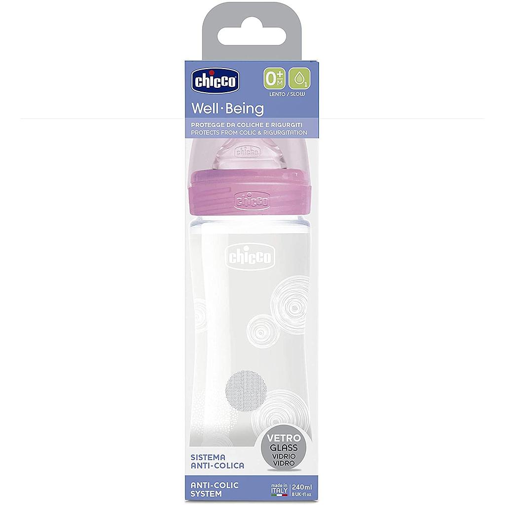 CHICCO BIBERON EN VERRE 240 ML SIL NN ROSE