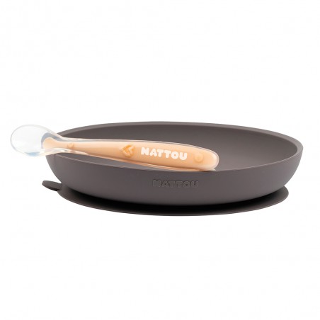 NATTOU COFFRET REPAS 2 PIÈCES EN SILICONE AVEC VENTOUSE ASSIETTE AUBERGINE
