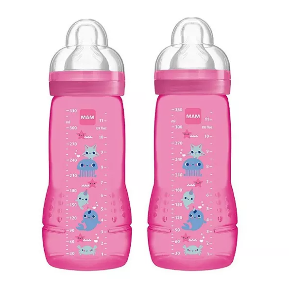 MAM PACK 2 BIBERON EN PLASTIQUE 330ML EASY ACTIVE 6M+ ROSE