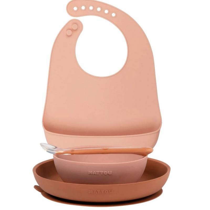 NATTOU COFFRET REPAS SILICONE 4 PIÈCES AVEC BAVOIR ROSE