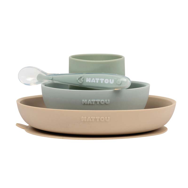 NATTOU COFFRET REPAS SILICONE 4 PIÈCES AVEC VENTOUSE SABLE/VERT