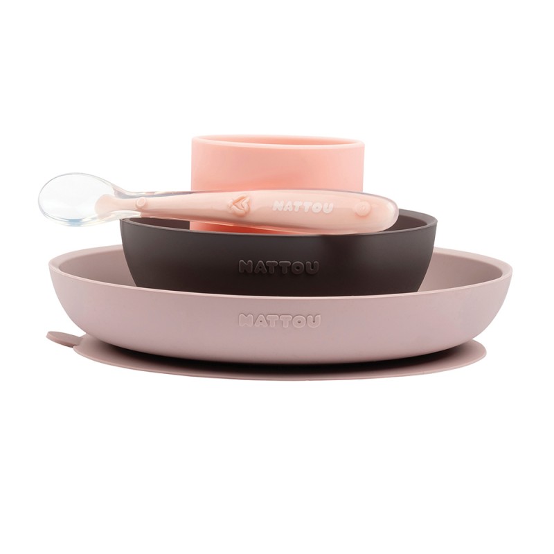 NATTOU COFFRET REPAS SILICONE 4 PIÈCE AVEC VENTOUSE ROSE/AUBERGINE