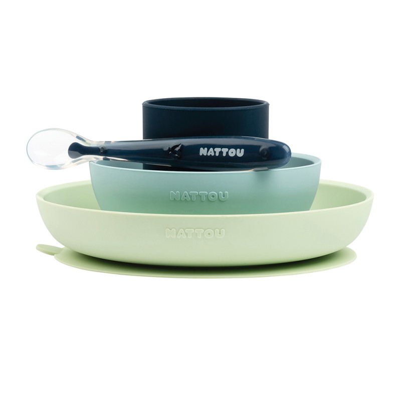 NATTOU COFFRET REPAS SILICONE 4 PIÈCES AVEC VENTOUSE VERT/BLEU