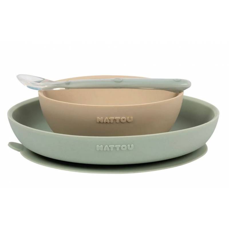 NATTOU COFFRET REPAS SILICONE 3 PIÈCES  SABLE/VERT