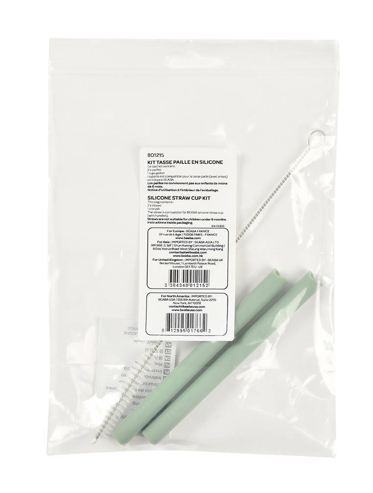 BEABA KIT TASSE PAILLE EN SILICONE 2PAILLES+GOUPILLON  VERT