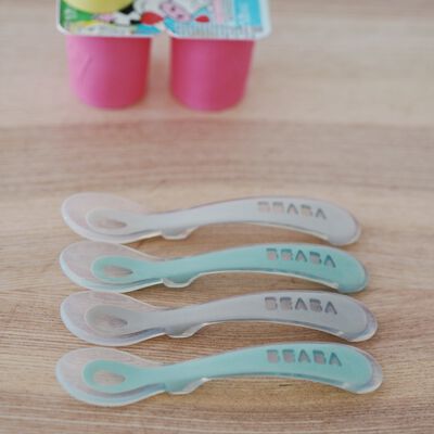 BEABA LOT DE 4 CUILLERES 2EME AGE SILICONE GREEN BLEU 4M+