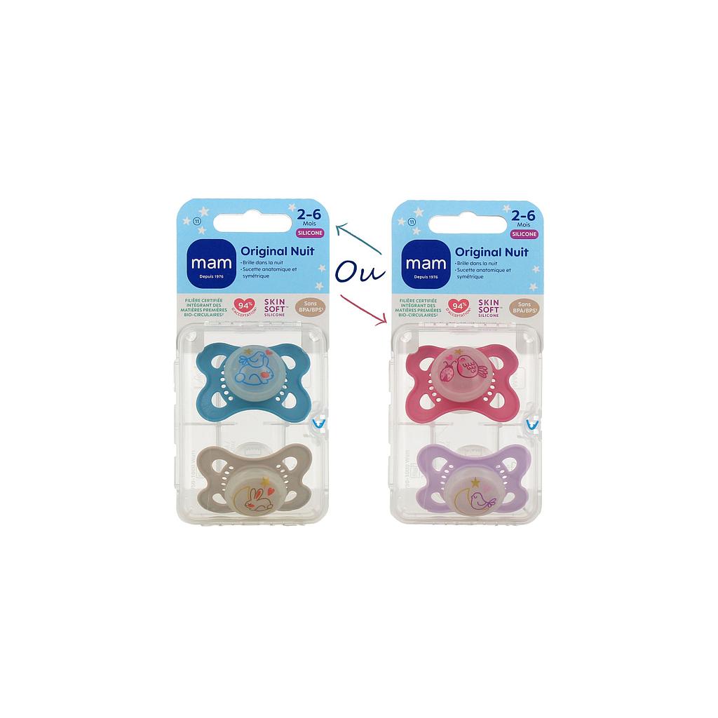 MAM 2 SUCETTES EN SILICONE ORIGINAL NUIT 2-6M
